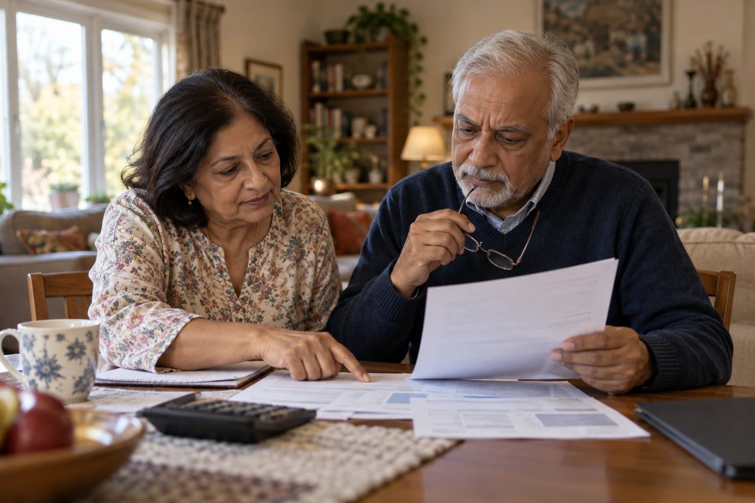 A retired couple reviewing a letter and statements at home