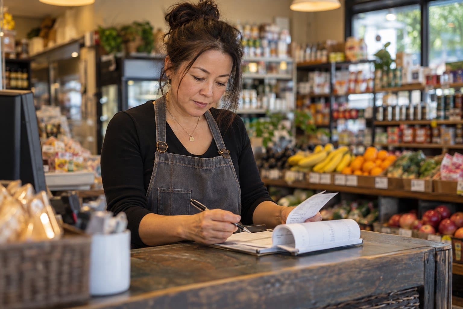 A shop owner reviewing receipts at the counter of her store